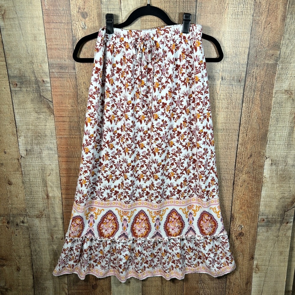 Simplee White Floral Viscose Midi Skirt Ruffle Paisley Border Boho Summer Large